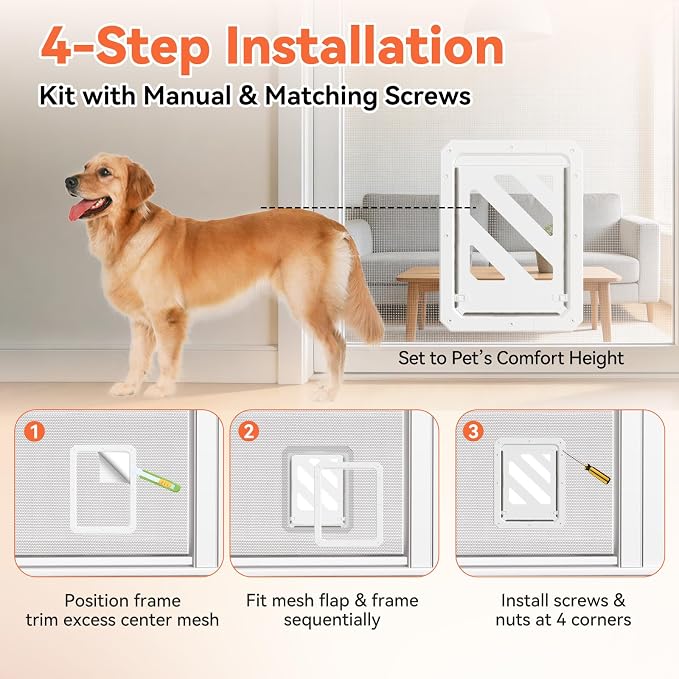 LIBBEPET Dog Door for Screen Door with Lockable Flap for Dog ≤50 lbs, White | Outer Size 13"x17", Reinforced ABS Frame, Magnetic Auto-Reset Flap, Mosquito Resistant Brush, Scratch Resistant