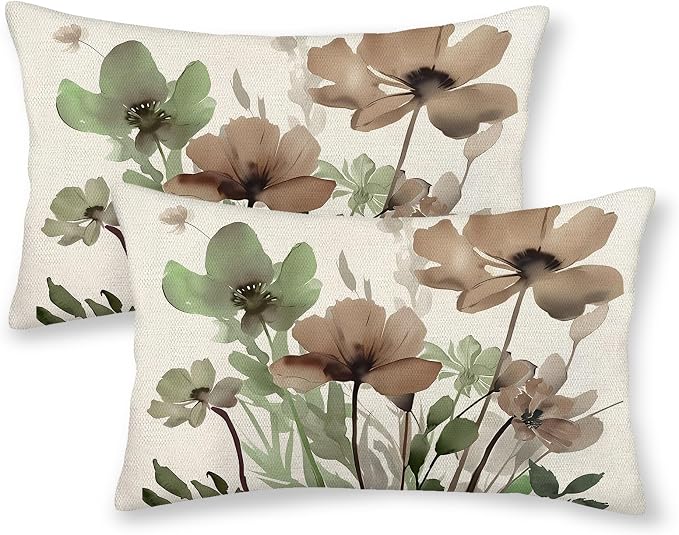 Floral Pillow Covers 12x20 Inches Set of 2 Sage Green Brown Floral Throw Pillow Cover Outdoor Decor Spring Summer Flower Decoration Pillowcase Farmhouse Decorative Cushion Cover For Couch Sofa