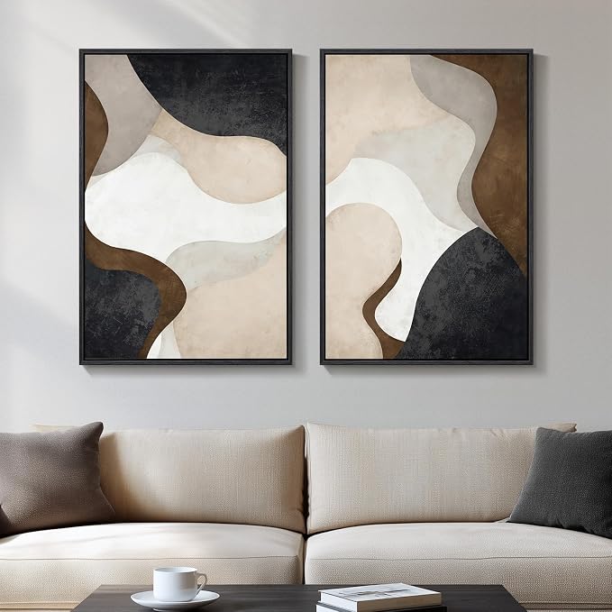 Framed Neutral Abstract Minimalist Wall Art Set of 2, Modern Canvas Prints Paintings Artwork for Walls, Black Beige Brown Abstract Art Pictures for Bedroom Living Room Dining Room Wall Decor 16x24 In