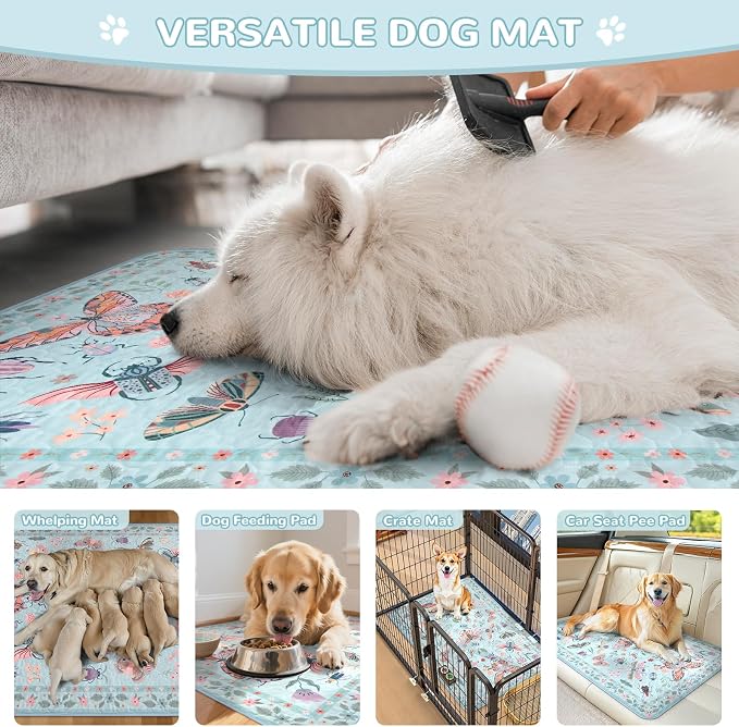 Lahome Insect Washable Reusable Pee Pads for Dogs, 2 Pack, Blue, 36x48 | Waterproof, absorbent pet mats with non-slip backing and butterfly print; suitable for crates, floors and potty training.