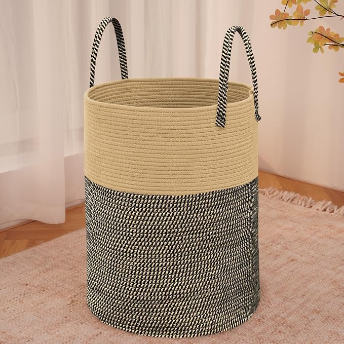 JMvicyroam 60L Cotton Rope Laundry Basket Hamper, Brown and Black | Collapsible laundry basket, reinforced handles, freestanding, machine washable, holds 3-5 thick blankets, clothes or toys