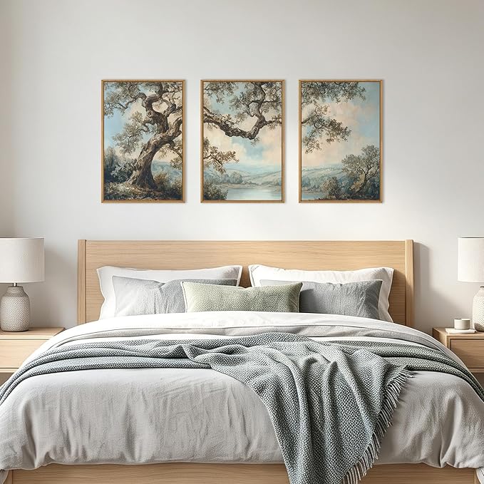 BINCUE Framed Vintage Tree Wall Art Set Neutral Landscape Wall Decor 16x24 | Mountains Lake Artwork,Rustic Forest Paintings,Botanical Wall Pictures,Abstract Tree Prints for Living Room Bedroom Office