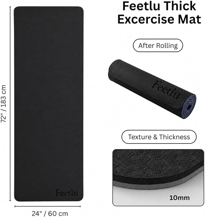 Extra Thick Yoga Mat with Carry Strap, 10mm Non-Slip Exercise Mat, 72 x 24 Inch Cushioned Workout Mat for Yoga, Pilates, Stretching & Floor Exercises