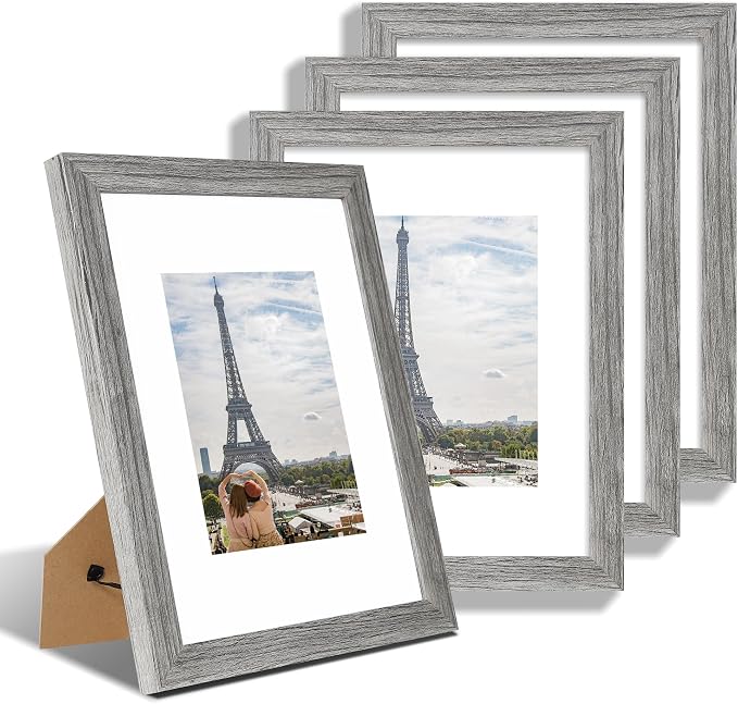 Hongkee 9x12 Picture Frame Set of 4, Made of Glass and Grey Wooden Frame - Display Picture 6x8 with Mat or 9 x 12 Without Mat, 9 by 12 Photo for Wall or Tabletop