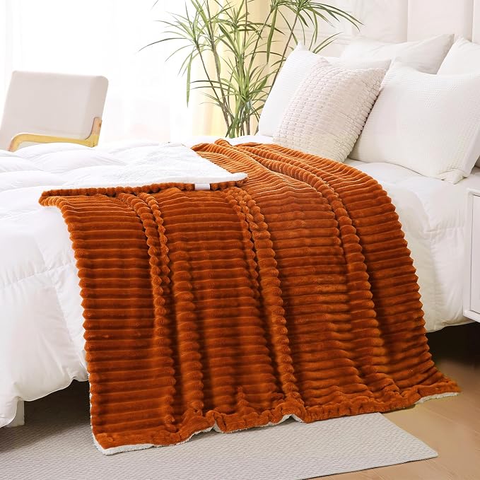 Burnt Orange Sherpa Fleece Throw Blanket 50”×60”for Couch Sofa Bed | Double Side Soft Fuzzy Cozy Plush Thick Flannel Blanket with Striped Design Gift for Adults,Woman