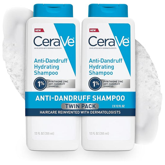 CeraVe Hydrating Anti Dandruff Shampoo, 1% Pyrithione Zinc Dandruff Treatment With Ceramides, Niacinamide, Hyaluronic Acid, Eliminate Flake,Provides Itchy Scalp Relief, Sulfate-Free, 12 Oz (Pack of 2)
