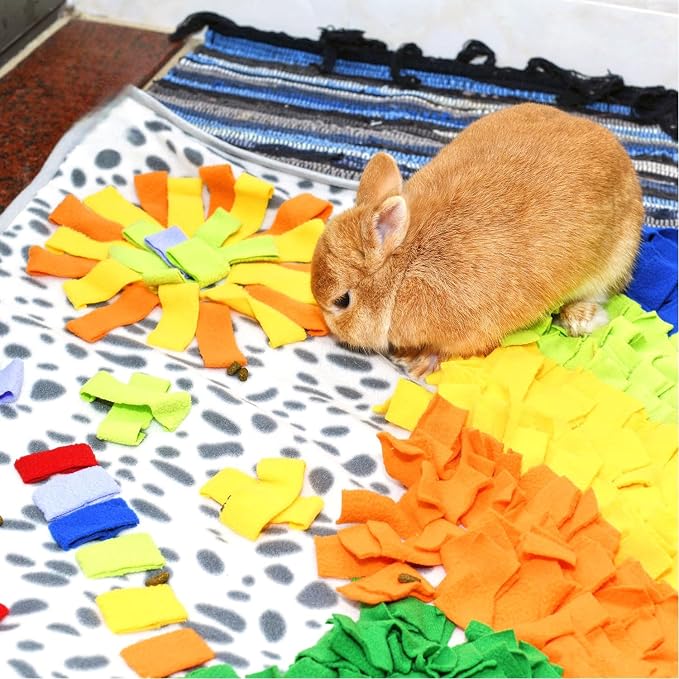 Vedem Small Animal Snuffle Mat Fleece Foraging Mats Interactive Feeding Toy Rabbit Guinea Pig Rat Hamster Anti Slip Treat Dispenser (Leopard-Rainbow)