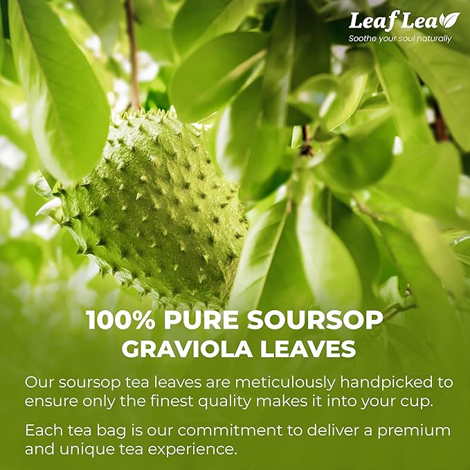 LeafLea 40 Premium Soursop Leaf Tea Bags, Pure & Natural Sour Sop Leaves, Graviola Leaves Tea, Hoja Guanabana Tea, Digestion Support Herbal Tea Bags, Nutrient-Rich, No Sugar, No Caffeine