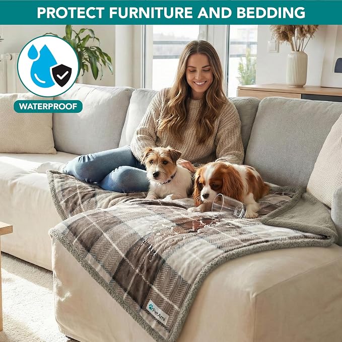 PetAmi Waterproof Dog Blanket for Medium Large Dog Pet, 60x40, Plaid Taupe | 460 GSM Sherpa Fleece Reversible, Pee Proof Cat Throw, Furniture Protector Cover for Couch Bed Sofa Kennel, Washable, Large