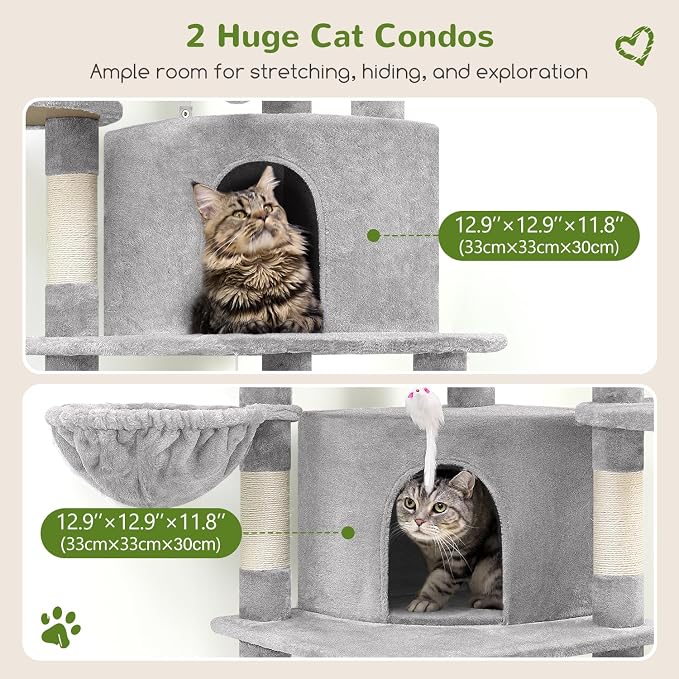 Globlazer 66in Corner Cat Tree Tower for Indoor Large Cat, C66, Light Grey | Space-Saving Stable Adult Cat Tower with 6 Scratching Posts, 2 Large Fan-shaped Condos & Top Perch, Hammock, Climbing Steps