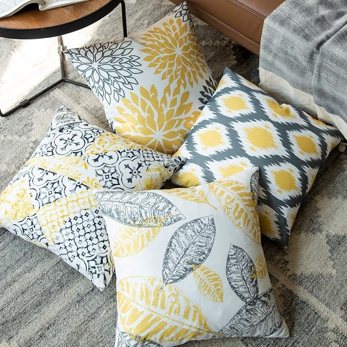 Phantoscope Set of 4 New Living Series Leaf Geometric Throw Decorative Pillow Cover Cushion Cover, Yellow and Grey, 22 x 22 inches, 55 x 55 cm