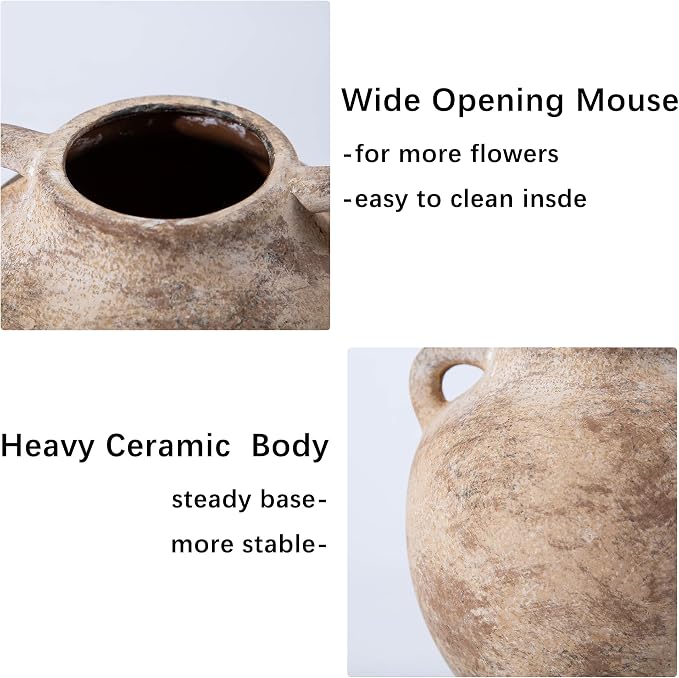 Rustic Vase - Small Vases for Pampas Grass - Farmhouase Decorative Wide Mouth vase for Bouquet, Lyeec Clay Pottery Terracotta Round Vases for Home Decor