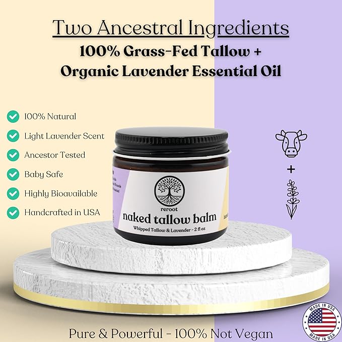 Beef Tallow for Skin | LAVENDER NAKED TALLOW BALM I 2 Ingredients - 100% Grass Fed Beef Tallow & Lavender | Whole Body & Face Whipped Tallow | Sensititve Dry Skin, Eczema, Psoriasis, Rosacea