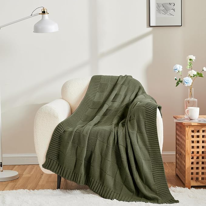 CozeCube Olive Green Knitted Checkered Throw Blanket 60"X80" | Check Knit Throw for Couch, Decorative Christmas Soft Cozy Warm Blanket for Bed Sofa Living Room