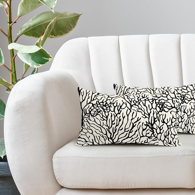 Nautical Coastal Coral Lumbar Pillow Covers 12x20 Inch Set of 2 Summer Ocean Beach Black White Decorative Pillow Cases Outdoor Linen Cushion Cover Farmhouse Decor for Bedroom Home Sofa Couch Bed