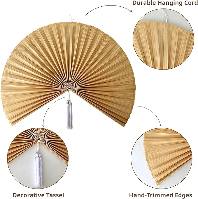 ChumDecor Bamboo Fan Wall Decor, Japanese Wall Fan Decoration, Ivory 60 in | Giant Oversized Oriental and Asian Style Hanging Decoration for Above the Bed Headboard or a Tall Stairwell Landing