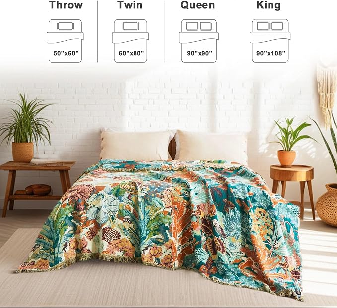 LUTBM Boho Throw Blanket for Couch 50"x60", Cotton Decorative Bed Throw | Reversible Botanical Floral Jacquard, All-Season, For Chair Sofa Living Room, Lightweight & Breathable Throws, Home Decor