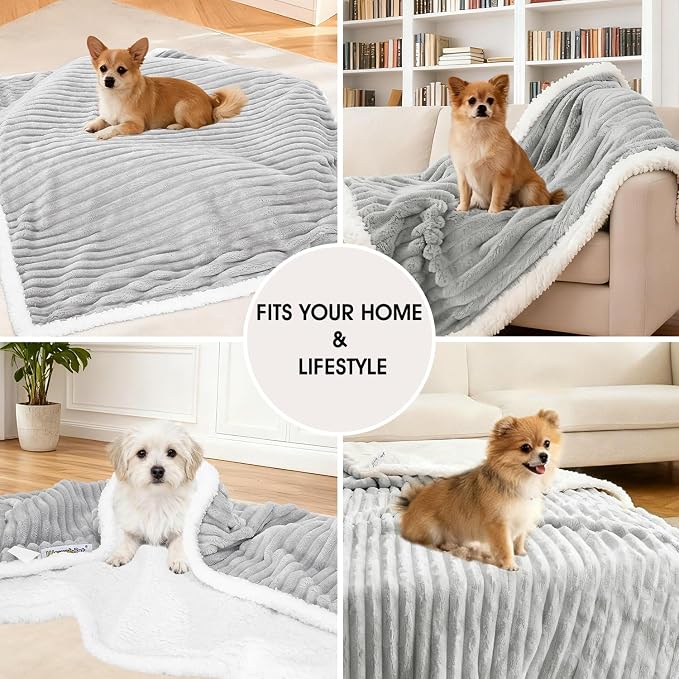 Waterproof Dog Blanket Grey 50x60 in | Soft Pet Cat Blanket Cozy Calming Sherpa Corduroy Fleece Reversible Furniture Bed Protector for Small Dogs Machine Washable