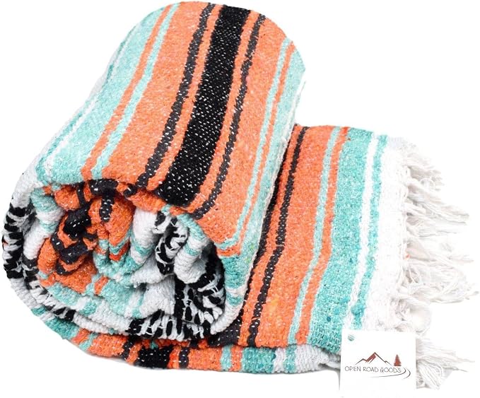 Open Road Goods Bulk Falsa Blankets - Handwoven Authentic Mexican Falsa - Great for Weddings, Yoga, Beach, Picnics, or Mexican Throw! (Mint/Orange, 7 Pack)