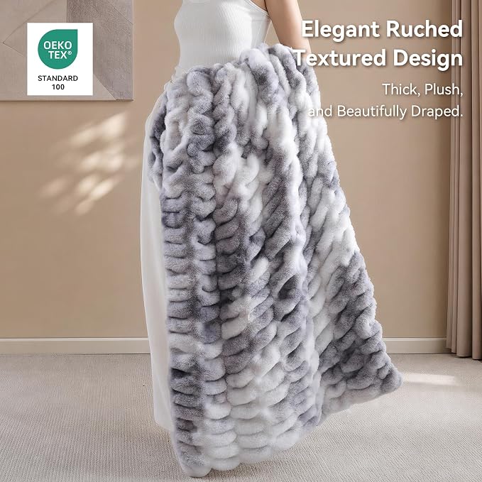 Tie Dye Grey Fluffy Blanket for Couch - Faux Rabbit Fur 60"x80" | Ultra Soft & Plush Comfort Ruched Blanket, Cozy Fuzzy Fleece Throw for Sofa, Bed & Office, Gift for Women, Grey Room Decor