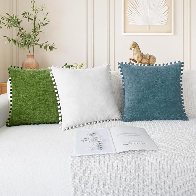 CaliTime Decorative Couch Throw Pillow Covers 12 X 12 Inches True White | Pack of 2, Cozy Chenille Cushion Cases, with Pom Poms for Sofa Bed Living Room Farmhouse Home