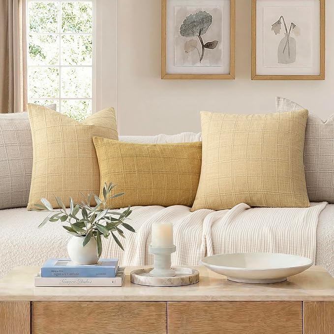 Foindtower Set of 2 Decorative Linen Check Throw Pillow Covers Neutral Farmhouse Vintage Cushion Covers Modern Boho Accent Home Decor for Sofa Chair Couch Bedroom Living Room,24×24 Inch,Light Yellow