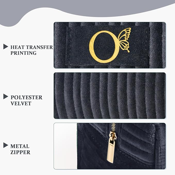 COSHAYSOO Travel Makeup Bag Quilted Make Up Pouch Initial Velvet Cosmetic Case with Butterfly Decor for Young Women 18 19 20 21 22 23 24 25 26 27 28 29 30 40 50 Year Old Birthday Gifts Black Letter O