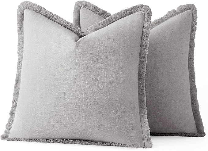 MIULEE Boho Linen Fringe Decorative Throw Pillow Covers Light Grey 20x20 | Set of 2, Cottagecore Decor, Boho Farmhouse Neutral Pillow Covers, Rustic Couch Cushion Cases for Sofa Bed Living Room