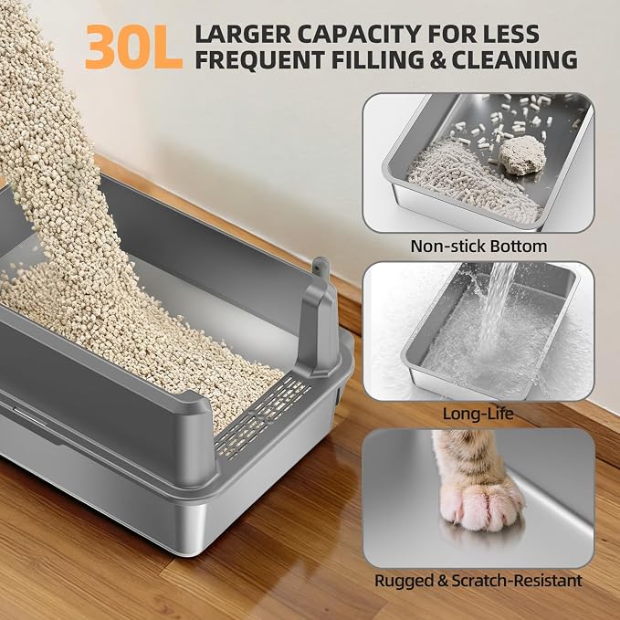 Stainless Steel Cat Litter Box, XXL High Sided Open Top Litter Pan, 1 Scoop | XXL, Spacious Interior, High Sides, Anti-Urine Leakage, Non-Stick Odor Resistant, Easy Clean, Reduce Litter Tracking