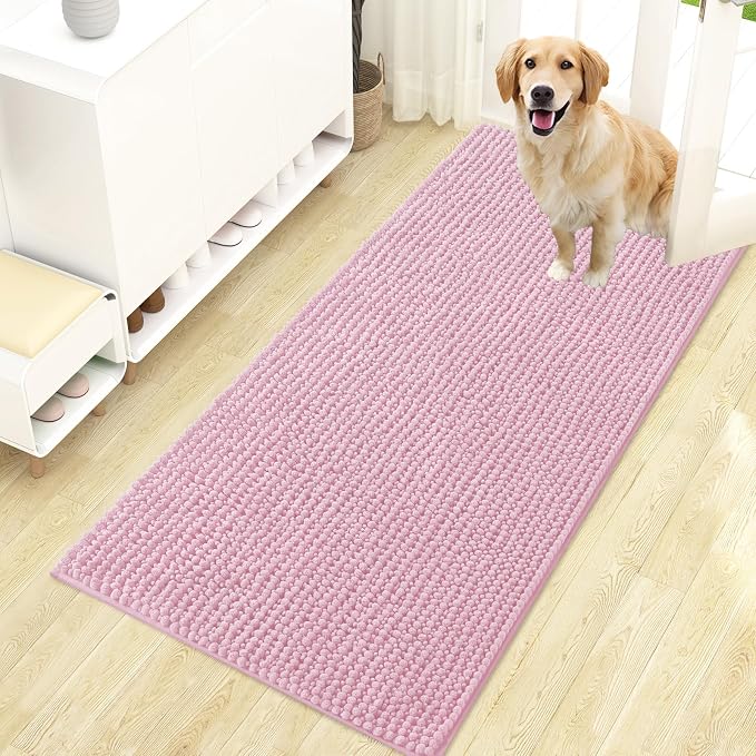 OLANLY Dog Door Mat for Muddy Paws 47x24, Extra Absorbent Chenille Mud Mat | Dusty Rose, Absorbs Moisture and Dirt, Non-Slip Machine Washable Doormat, Quick-Drying Indoor Entryway Floor Mat for Dogs