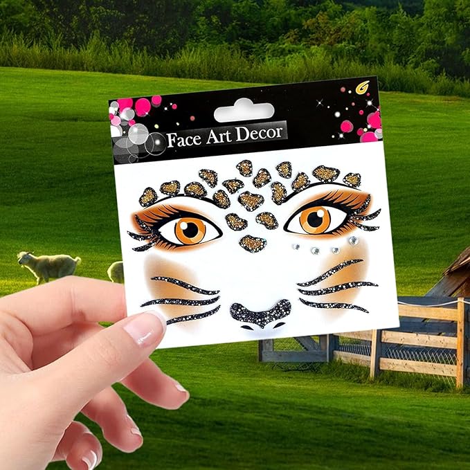 Leopard Tiger Glitter Face Tattoo Stickers for Kids - Temporary Body Art Makeup for Halloween, Cosplay, Birthday Party, Festival - Waterproof Fake Tattoo Stickers - 2Pcs (Wild Animal Design)