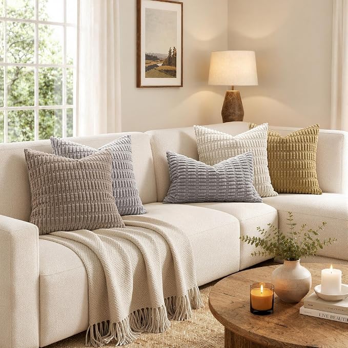 MIULEE Euro Sham Corduroy Decorative Throw Pillow Covers 24x24 Light Grey | Pack of 2 Soft Boho Striped Pillow Covers Modern Farmhouse Home Decor For Sofa Living Room Couch Bed