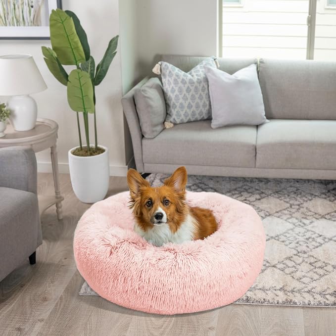 Best Friends by Sheri The Original Calming Donut Dog Bed for Medium Dogs up to 45 lbs, Shag Faux Fur, Cotton Candy Pink, 30" x 30"