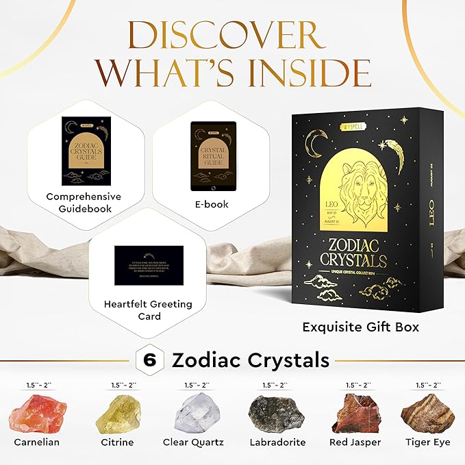 Wyspell Leo Crystal Set - 6 Raw Leo Crystals and Healing Stones - Leo Zodiac Gifts for Women - Leo Healing Gifts - Birthday Gifts for Women - Astrology Gifts for Women - Zodiac Crystal Set