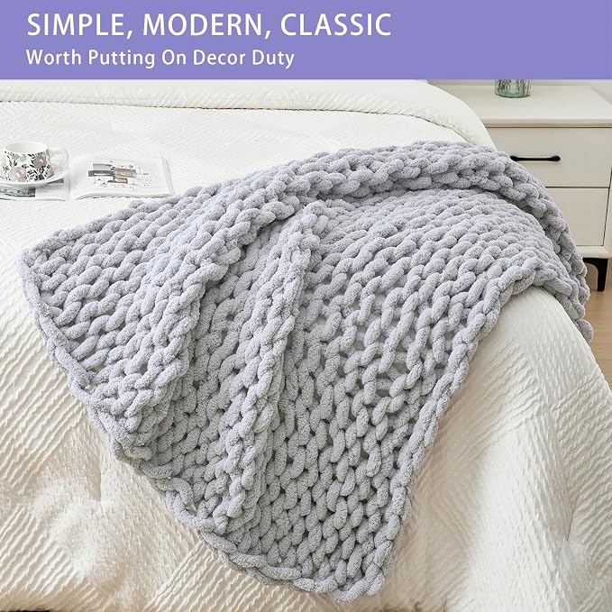 Bigacogo Chunky Knit Throw Blanket for Couch, 40x40 inches, Light Grey | Hand Knit with Jumbo Chenille, Soft Breathable Cable Knit for Sofa Bed Living Room, Machine Washable, Gift for Mom Friend