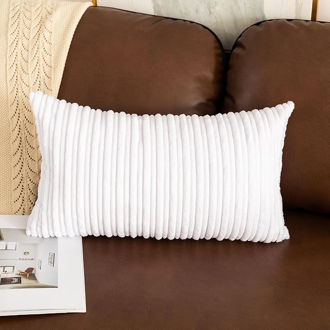 UGASA Pack of 2, Velvet Pillow Covers Striped, Soft Textured Throw Cushion Case Set, Accent Corduroy Lumbar Pillowcases with Hidden Zipper for Home Decor Indoor Outdoor (12"x20", Pure White)