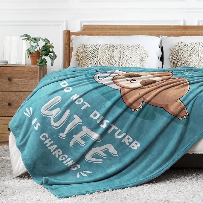 Leebbsin Funny Gifts for Wife, Anniversary Wedding Gifts for Wife | Wife is Charging Sloth Blanket 60" x 80", Cyan, Christmas Mothers Day Birthday Gift for Wifey from Husband