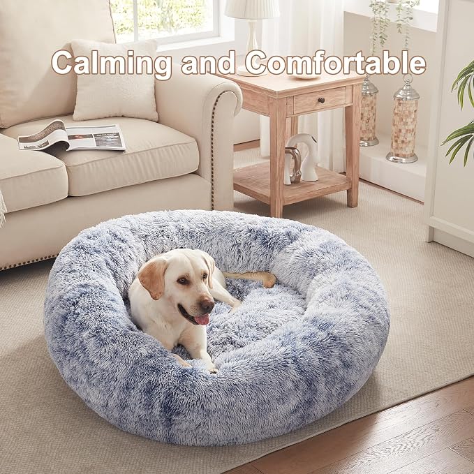 45 in Faux Fur Fluffy Donut Dog Bed for Extra Large Dogs,Dark Blue | Calming Plush Round Jumbo Pet Bed with Removable & Washable Cover,Fits up to 120 lbs Pets