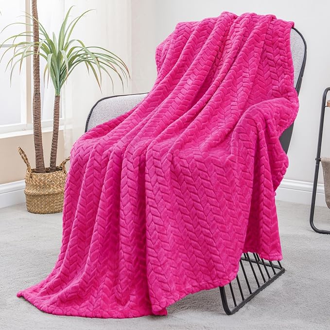 Exclusivo Mezcla Fleece Throw Blanket for Couch Sofa, 50”x70”, Hot Pink | Oversized Soft Cozy Fluffy Blankets for Summer, Decorative Plush Flannel Throws for Living room, Bedroom with Leaves Pattern