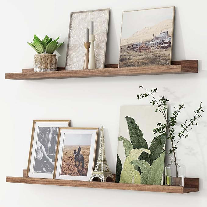 Picture Ledge Shelf, Floating Shelves for Wall, 36" W Set of 2, Walnut | FSC Certified Engineered Wood, Wall Mounted Bookshelf, for Nursery Living Room Bedroom, Pre-Drilled, Easy Install