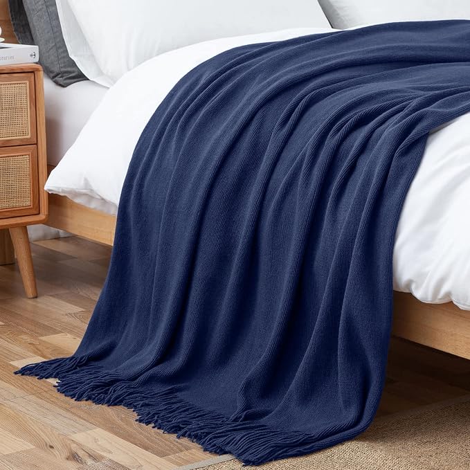 Vonty Royal Blue Knitted Throw Blanket with Tassels Fringe, 50x60 Acrylic | Super Soft And Lightweight, Year-Round Cozy Warmth, Farmhouse Decorative Style, Machine Washable, for Couch, Sofa or Bed