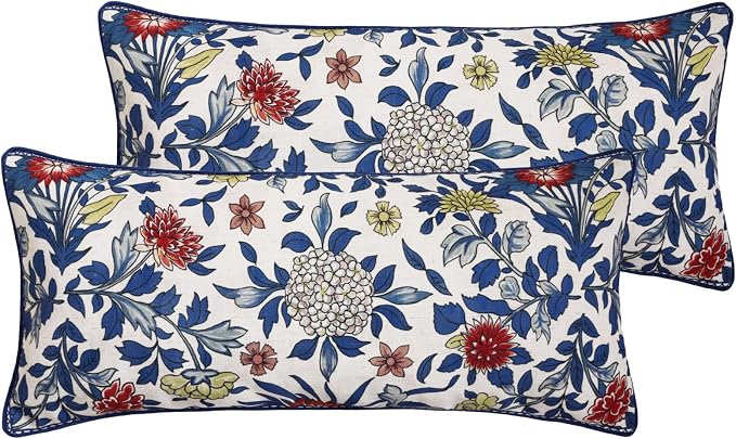 patdrea Designer Vintage Linen Throw Pillow Cover,12"x28",Set of 2-Ivar A | Decorative Pillow Cover,Blue and White Floral Pattern,Pillow Case for Couch Living Room Bedroom Sofa Outdoor