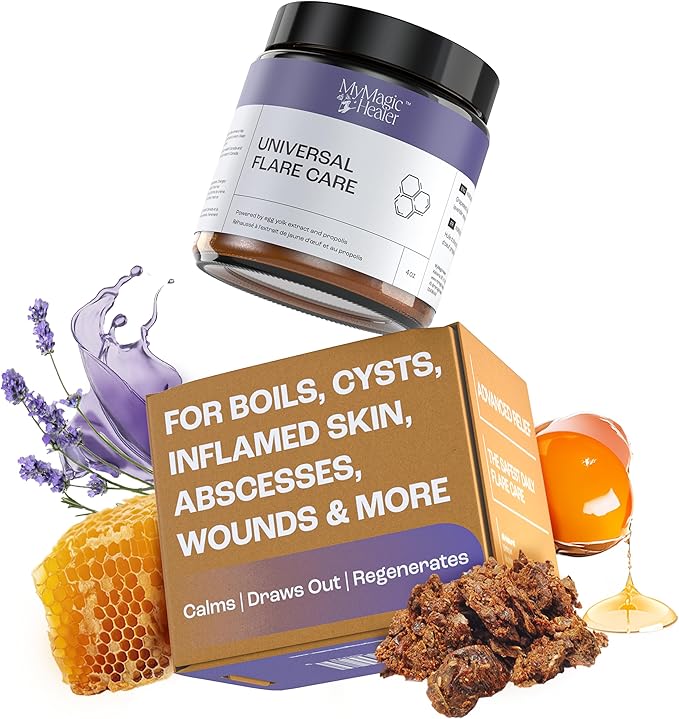 MyMagicHealer Universal Flare Care | Drawing Salve for HS, Boils, Cysts, Hemorrhoids, Pilonidal Cyst, Abscess | Anti-Chafing, Wound Care, Relief for Itching Skin w/Propolis & Egg Yolk Extract 4 oz