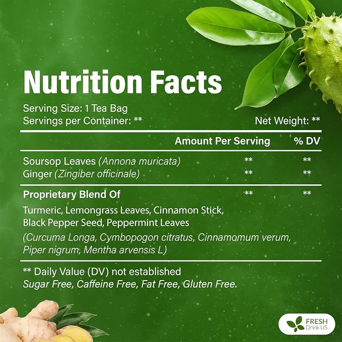 FreshDrinkUS, Super Soursop Herbal Tea – 40 Tea Bags | Soursop, Ginger, Turmeric, Lemongrass, Cinnamon, Black Pepper & Peppermint | Caffeine-Free, Natural Flavor, Plant-Based Blend | Sugar-Free
