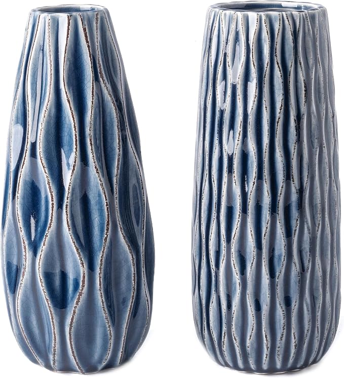 VICTOR & TERESA Ceramic Vase for Flowers, 8'' Set of 2 Decorative Vintage Blue Vases for Home Decor, Farmhouse Vases for Pampas Grass, Table, Mantel, Living Room, Shelf, Centerpieces, Gifts for Mom