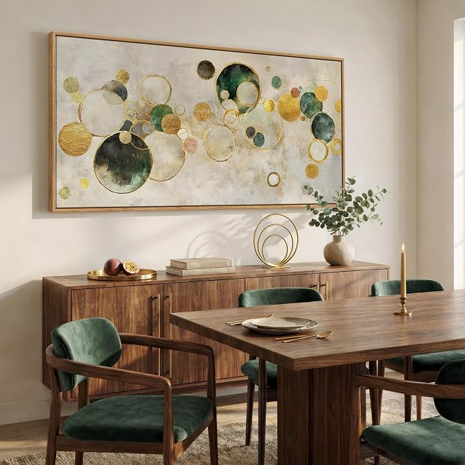 Extra Large Framed Abstract Wall Art for Living Room, Oversized Horizontal Green Canvas Prints Paintings Artwork for Walls, Modern Gold Circle Pictures Wall Decor for Bedroom Dining Office, 36x72 In