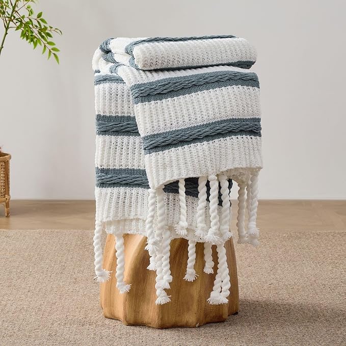 Boho Knitted Chenille Blanket with Tassels - Lightweight & Soft All-Season Throw - 3D Classic Pattern for Living Room Bedroom Couch, Celestial Blue(Striped), King 90"x108"