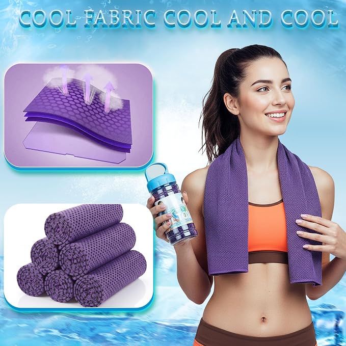 Honoson 10 Pcs Cooling Towels for Neck and Face, 47"x12" Sports Breathable Ice Towels Microfiber Chilly Sweat Rags with Portable Bottle for Gym Golf Athletes Yoga Workout Hot Weather (Purple)