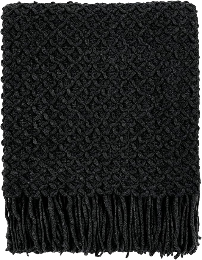 CREVENT Farmhouse Boho Knitted Throw Blanket for Couch Sofa Chair Bed Home Decoration, Soft Warm Cozy Light Weight for Spring Summer Fall (50''X60'' Black)