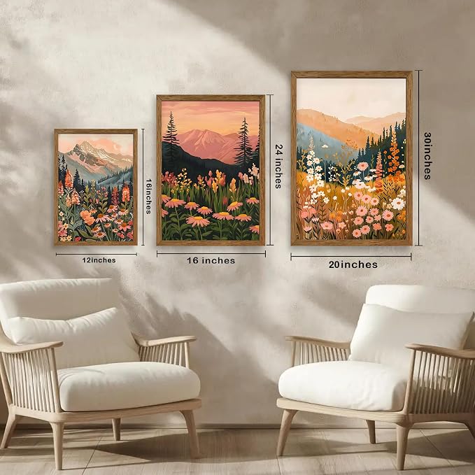 WRFON Botanical and Flower Canvas Wall Art, Framed Mountain Landscape Wall Art Set of 3, Wildflower Meadow Canvas Print, Rustic Nature Decor for Living Room Bedroom Cabin Lodge Farmhouse Decor, 16x24